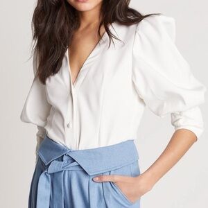 Choosy Off White V-neck Button Elastic Cuff Puff Sleeve Blouse Size Medium